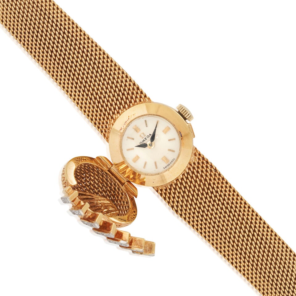 OMEGA, RETAILED BY SPRITZER & FUHRMANN: A 14K GOLD AND DIAMOND COVERED WRISTWATCH - 3