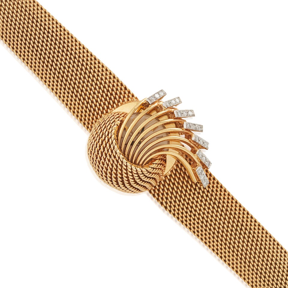 OMEGA, RETAILED BY SPRITZER & FUHRMANN: A 14K GOLD AND DIAMOND COVERED WRISTWATCH - 4