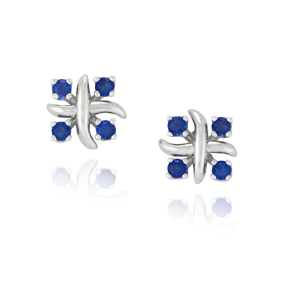 SCHLUMBERGER FOR TIFFANY & CO.: A PAIR OF PLATINUM AND SAPPHIRE 'LYNN' EARRINGS: SCHLUMBERGER FOR TIFFANY & CO.: A PAIR OF PLATINUM AND SAPPHIRE 'LYNN' EARRINGS Each designed as an 'X' motif with circular-cut sapphires, weight 2.2 dwt, signed T&Co., length 3/8 in. For further
