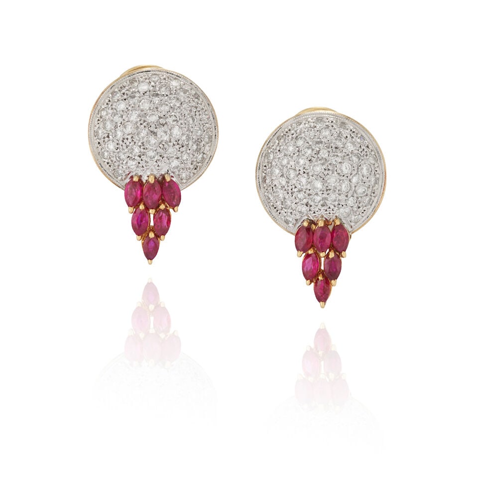 A PAIR OF 18K GOLD, RUBY, AND DIAMOND EARCLIPS (1 of 3)