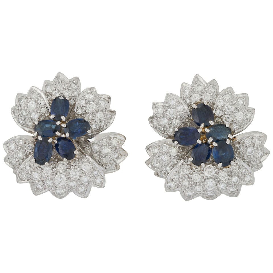 A PAIR OF PLATINUM, SAPPHIRE, AND DIAMOND FLOWER EARCLIPS (1 of 3)