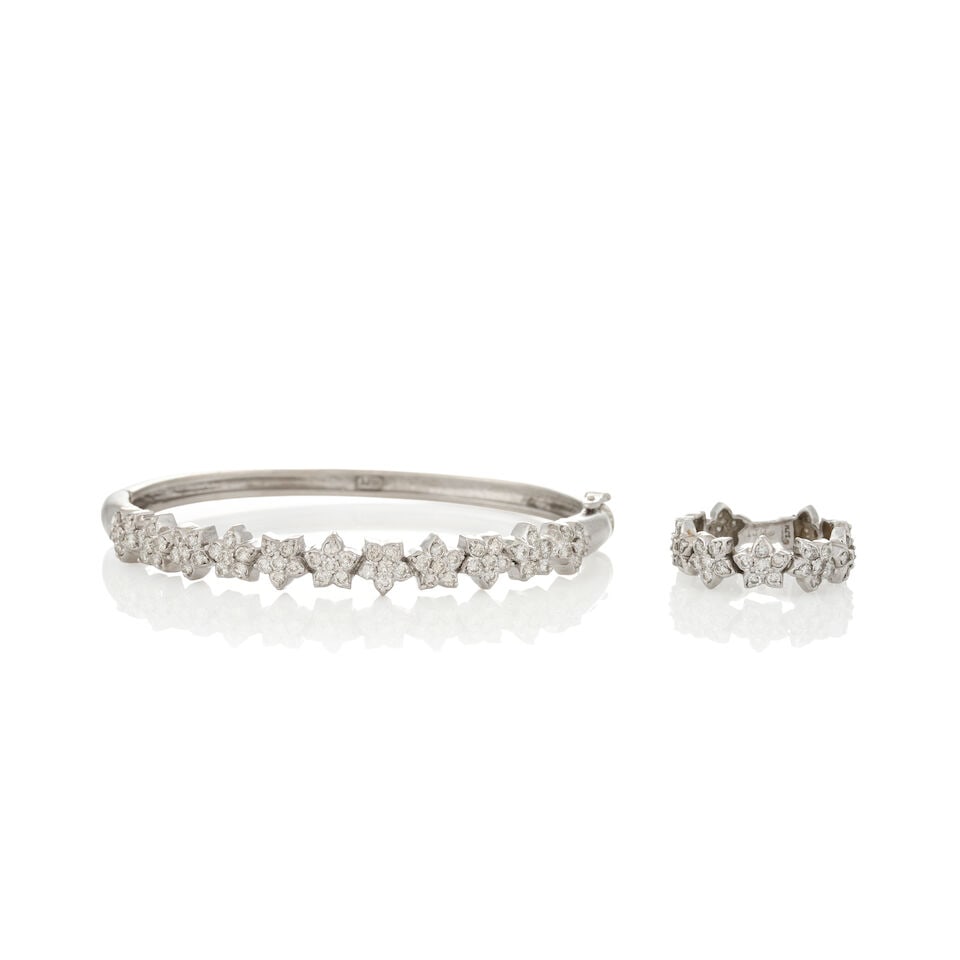AN 18K WHITE GOLD AND DIAMOND BANGLE BRACELET AND RING (1 of 4)