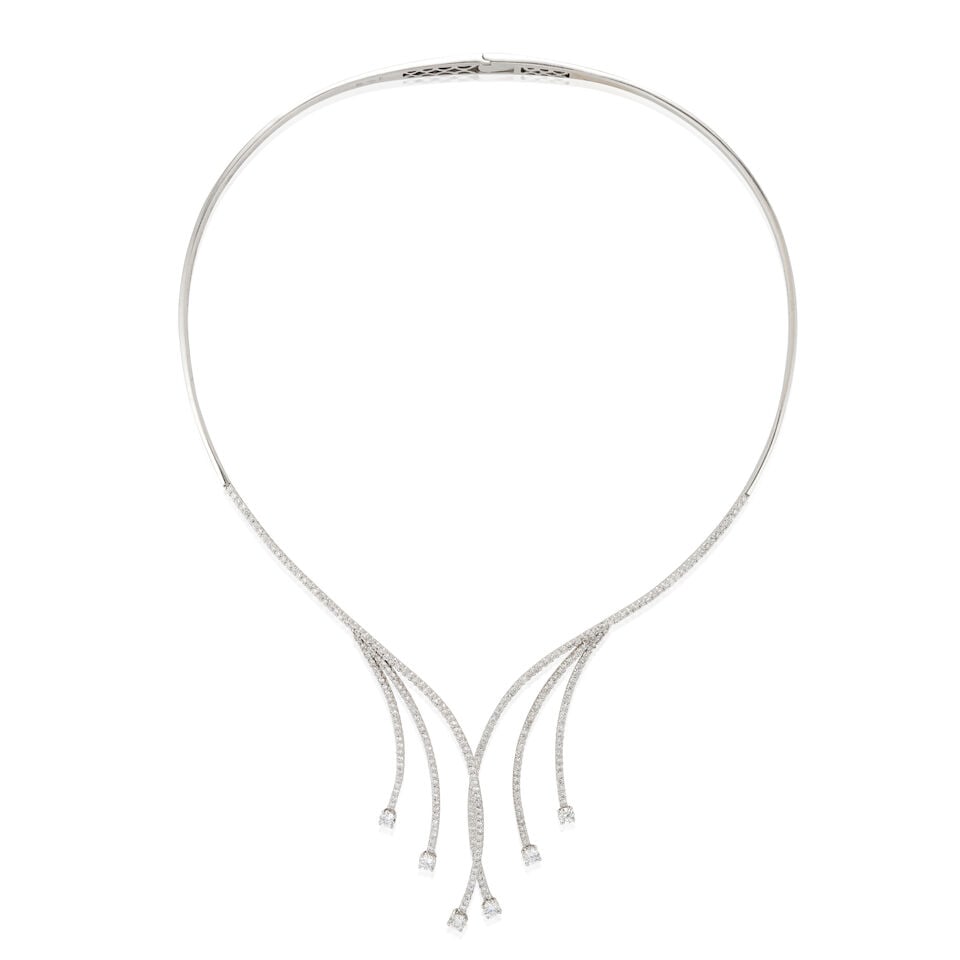 AN 18K WHITE GOLD AND DIAMOND NECKLACE: AN 18K WHITE GOLD AND DIAMOND NECKLACE The hinged torque necklace set with full-cut diamonds, approximate total weight 3.50 carats, weight 21.3 dwt, interior circumference approximately 15 1/2 to 15