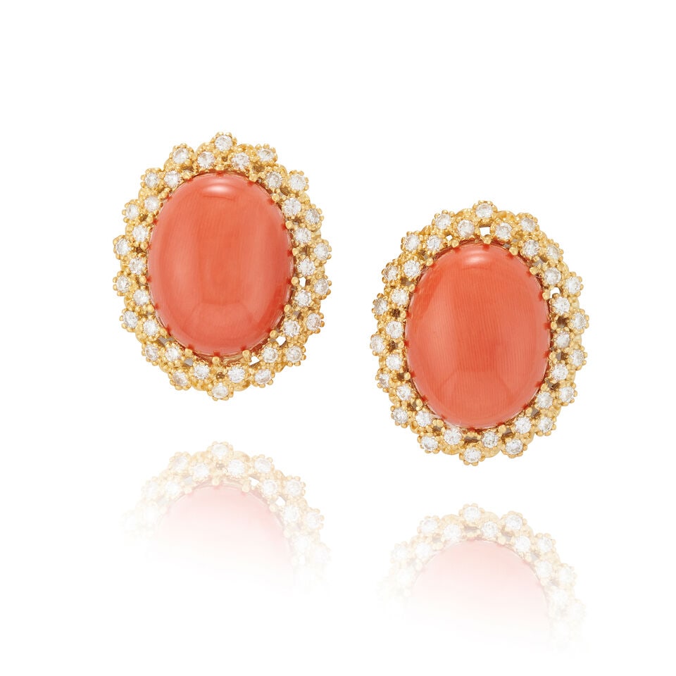 A PAIR OF 14K GOLD, CORAL, AND DIAMOND EARRINGS (1 of 3)