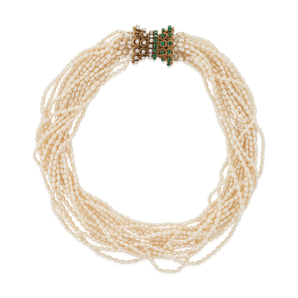 A 14K GOLD, FRESHWATER PEARL, EMERALD, DIAMOND NECKLACE (1 of 5)
