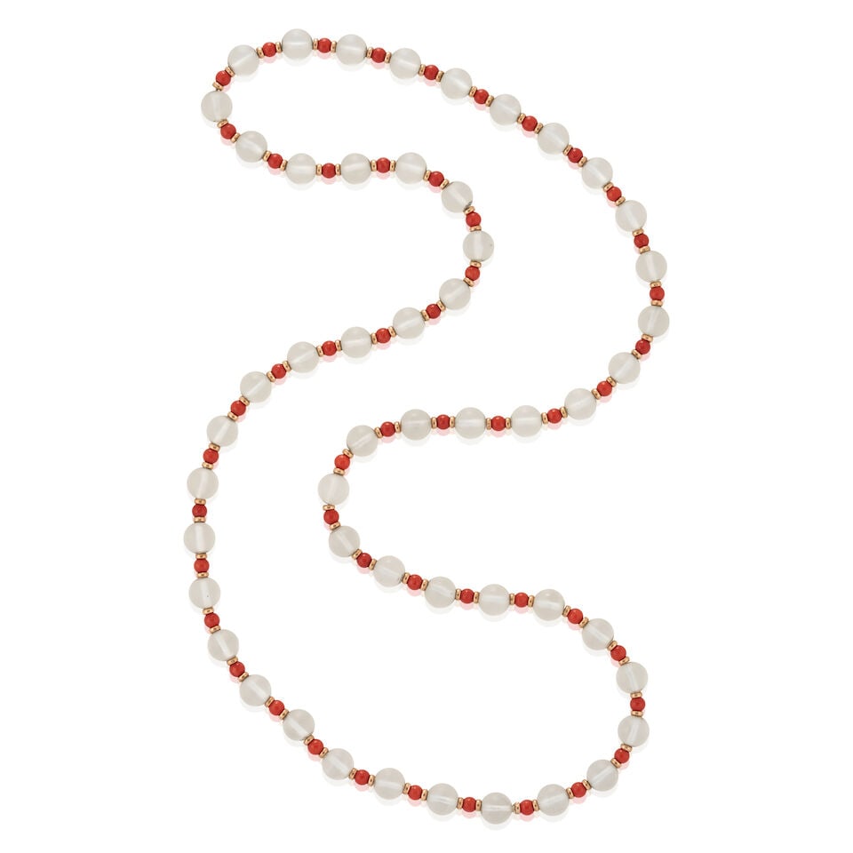 A GOLD, CORAL, AND ROCK CRYSTAL NECKLACE: A GOLD, CORAL, AND ROCK CRYSTAL NECKLACE Composed of rock crystal beads, each measuring approximately 8.20 mm, and coral beads, each measuring approximately 4.10 mm, with gold spacers, length 29 in.