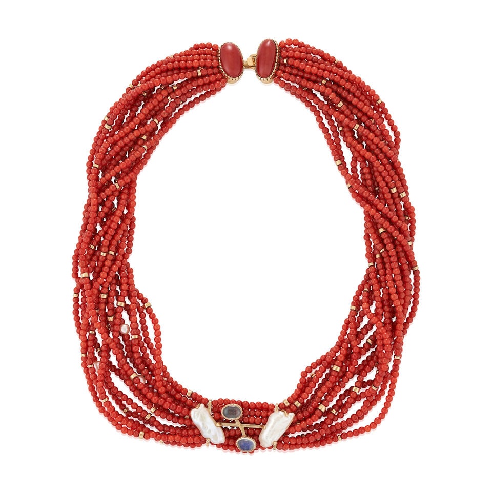 GAIL BIRD & YAZZIE JOHNSON: A 14K GOLD, CORAL, AND BAROQUE PEARL NECKLACE (1 of 5)