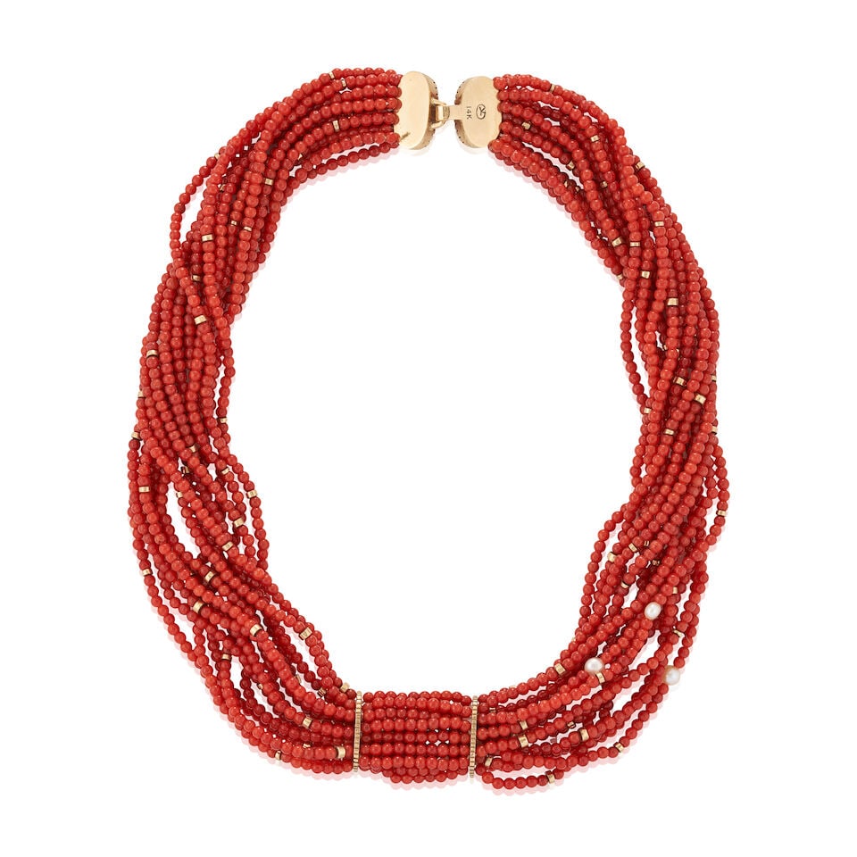 GAIL BIRD & YAZZIE JOHNSON: A 14K GOLD, CORAL, AND BAROQUE PEARL NECKLACE - 4