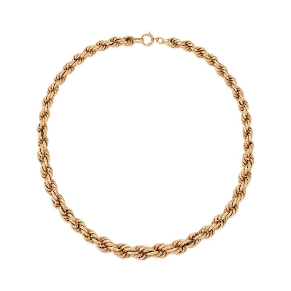 A 14K GOLD NECKLACE: A 14K GOLD NECKLACE The rope chain in textured and polished links, weight 15.8 dwt, length 15 5/8 in. For further information on this lot please visit Bonhams.com For further information about