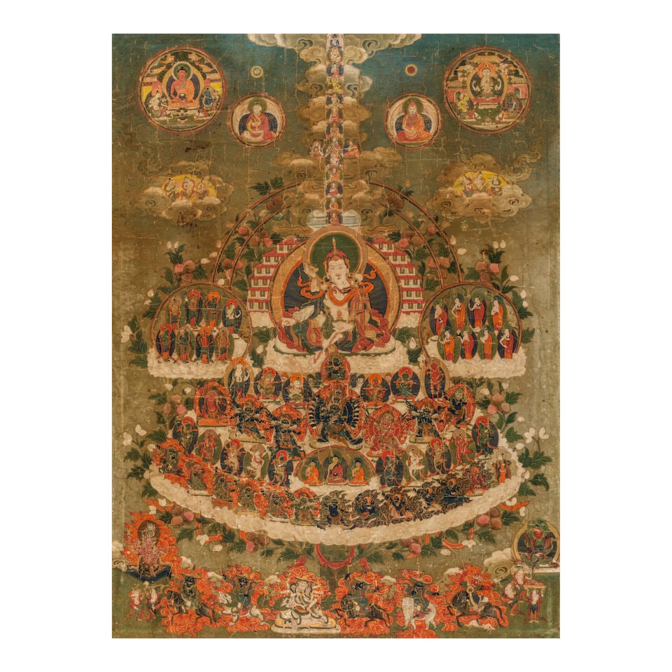 A THANGKA OF A NYINGMA REFUGE FIELD TIBET, 19TH CENTURY: A THANGKA OF A NYINGMA REFUGE FIELD TIBET, 19TH CENTURY Distemper and gold on cloth; verso inscribed with a Tibetan 'om, ah, hum' incantation in red ink behind the primary figure. Himalayan Art Resour