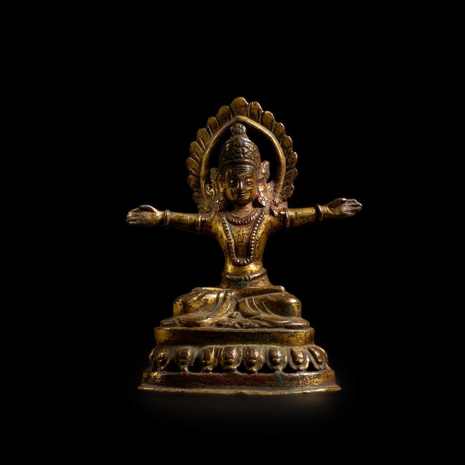 A GILT COPPER ALLOY FIGURE OF INDRA NEPAL, DATED 1846: A GILT COPPER ALLOY FIGURE OF INDRA NEPAL, DATED 1846 The base of the sculpture with an inscription dated Samvat 966 (1846 CE). Himalayan Art Resources item no. 200584 4 in. (10.2 cm) high Footnotes:
