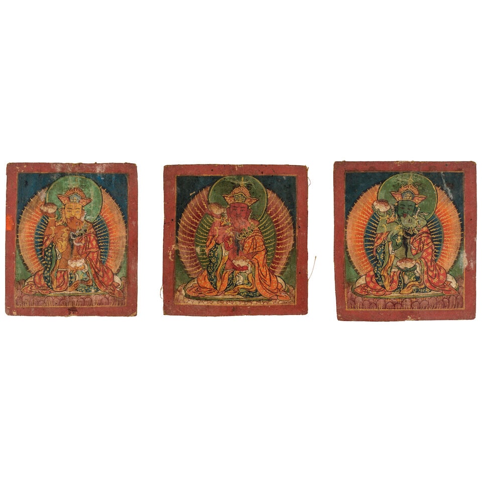 A GROUP OF THREE PADMASAMBHAVA TSAKLI TIBET, 18TH/19TH CENTURY: A GROUP OF THREE PADMASAMBHAVA TSAKLI TIBET, 18TH/19TH CENTURY Distemper and gold on cloth. Himalayan Art Resources item no. 8830, 8831 & 8832 Each Folio: 3 3/8 x 3 in. (8.7 x 7.6 cm)