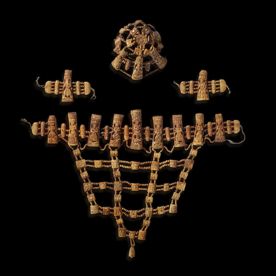 A NECROMANCERS BONE APRON WITH NINE MOTHER GODDESSES NEPAL, 19TH CENTURY: A NECROMANCERS BONE APRON WITH NINE MOTHER GODDESSES NEPAL, 19TH CENTURY Himalayan Art Resources item no. 8813 26 1/2 x 34 1/4 in. (67.3 x 87 cm) Footnotes: 尼泊爾 十九&#