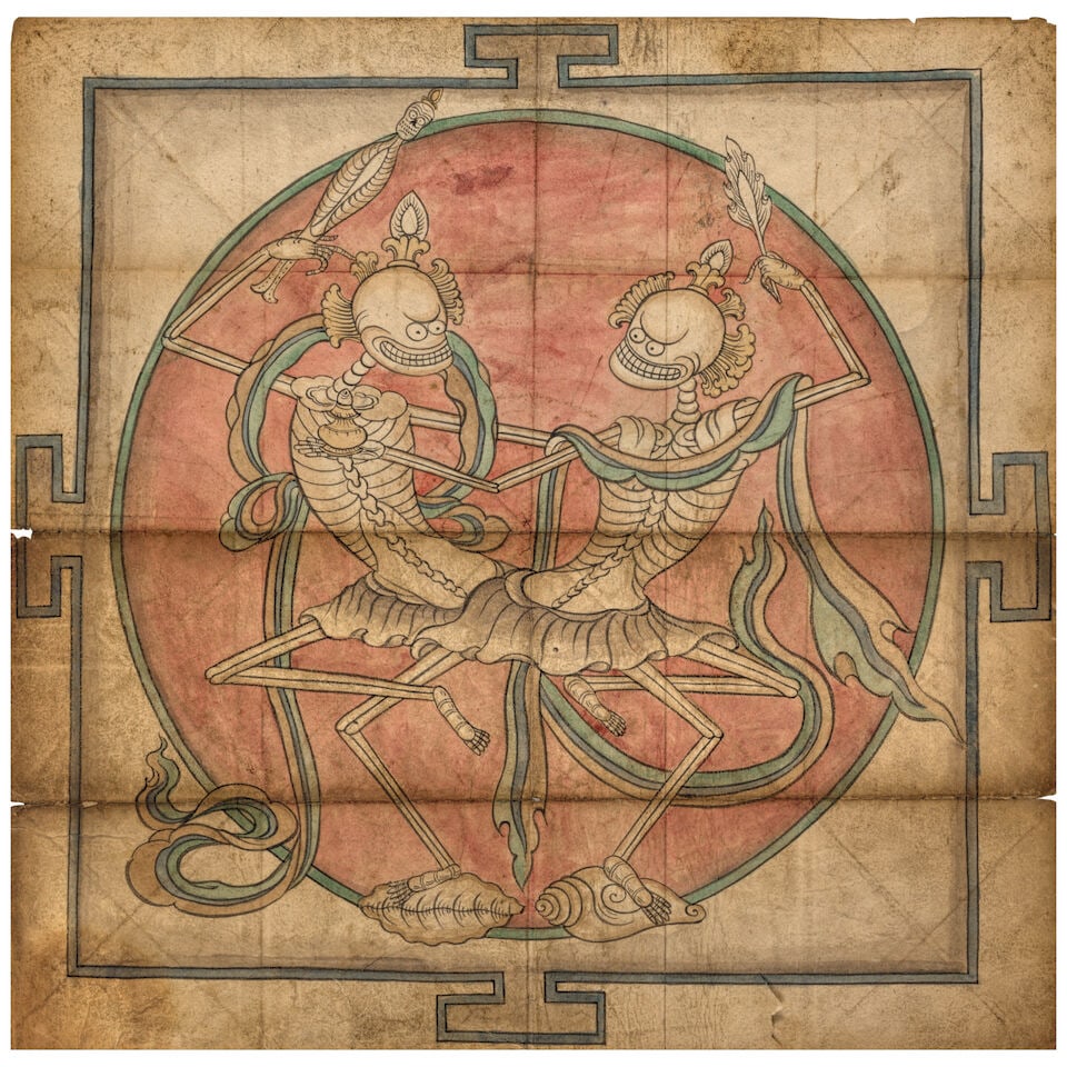 CHITIPATI MONGOLIA, 19TH CENTURY: CHITIPATI MONGOLIA, 19TH CENTURY Opaque watercolor on paper; verso with painting of a lotus mandala. Himalayan Art Resources item no. 8820 Folio: 13 1/2 x 13 3/4 in. (34.4 x 34.9