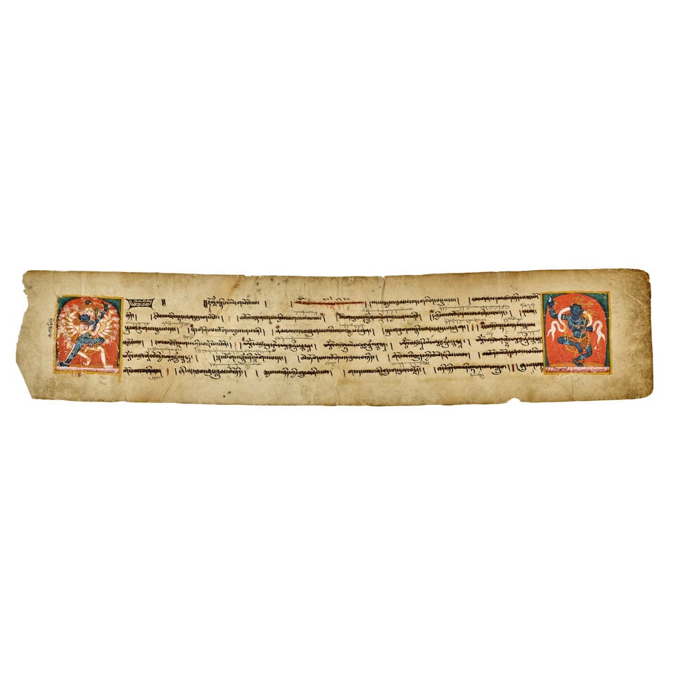 AN ILLUMINATED SUTRA PAGE WITH HEVAJRA AND KRODHA KALI TIBET, PALA STYLE, CIRCA 12TH CENTURY (1 of 2)