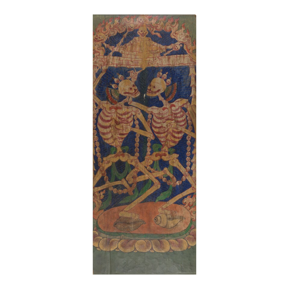 A PAINTED WOOD DOOR WITH A CHITIPATI FIGURE TIBET, 18TH CENTURY: A PAINTED WOOD DOOR WITH A CHITIPATI FIGURE TIBET, 18TH CENTURY Himalayan Art Resources item no. 8805 49 3/4 x 20 1/2 in. (126.4 x 52 cm) Footnotes: 西藏