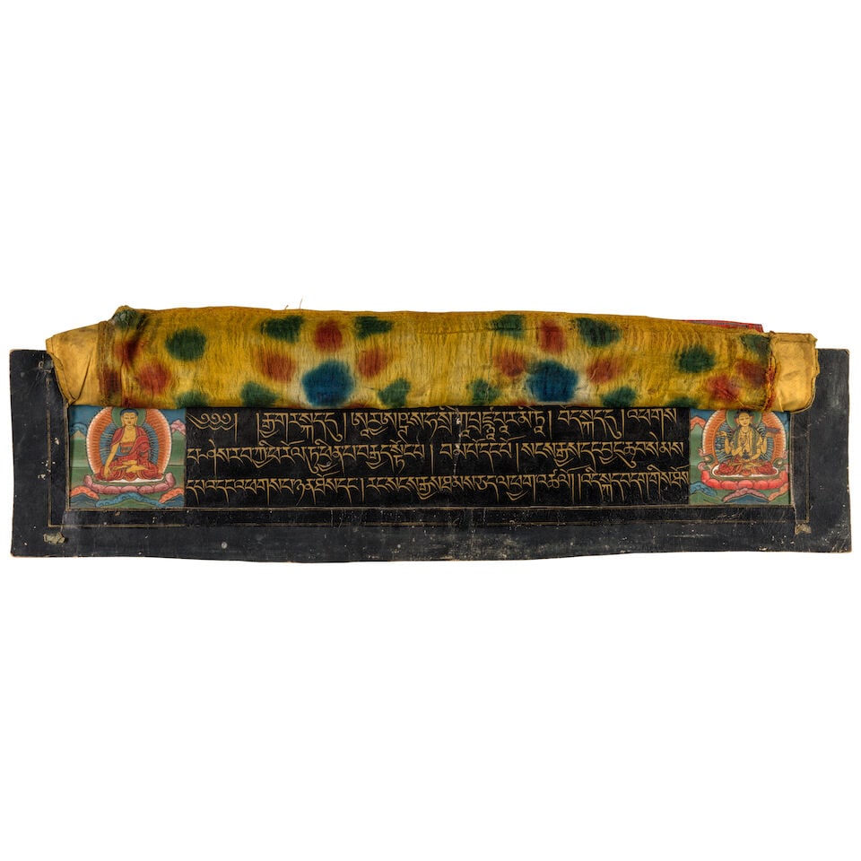 AN ILLUSTRATED SUTRA PAGE WITH SHAKYAMUNI AND PRAJNAPARAMITA TIBET, 18TH/19TH CENTURY: AN ILLUSTRATED SUTRA PAGE WITH SHAKYAMUNI AND PRAJNAPARAMITA TIBET, 18TH/19TH CENTURY Opaque watercolor and gold on indigo paper; with three affixed silk veils. Himalayan Art Resources item no.