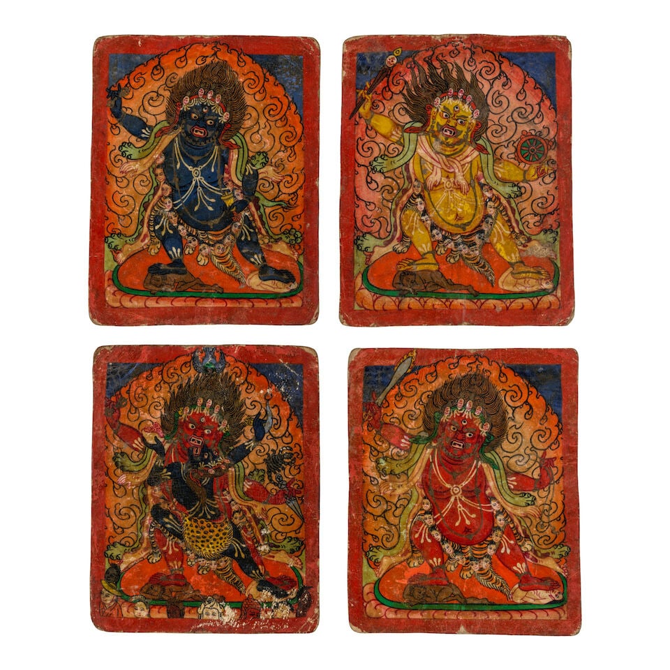 A GROUP OF FOUR TSAKLI TIBET, 19TH CENTURY: A GROUP OF FOUR TSAKLI TIBET, 19TH CENTURY Distemper on paper; depicting blue Vajrapani, yellow Ushnisha Chakravartin, red Guru Dragpo, and red Acala. Himalayan Art Resources item no. 8821, 8822,