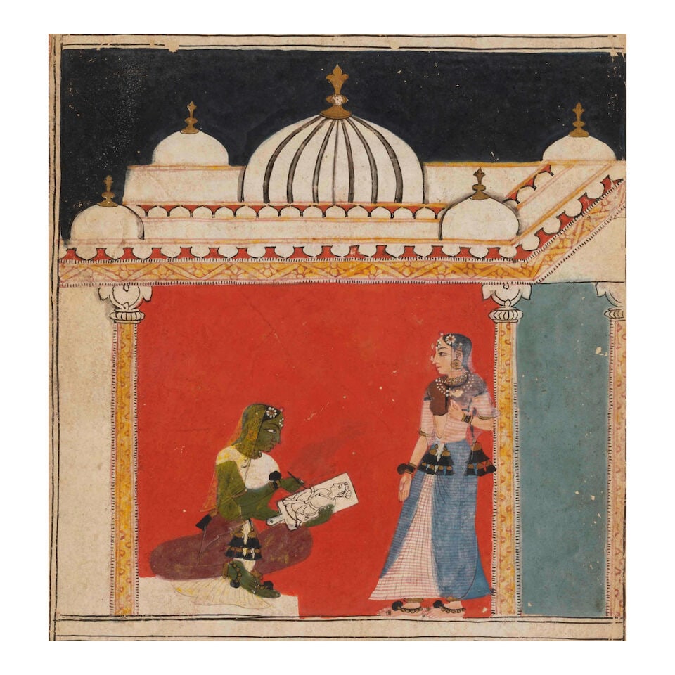 AN ILLUSTRATION FROM A RAGAMALA SERIES: DHANASHRI RAGINI BUNDELKHAND, PERHAPS DATIA, CIRCA 1660: AN ILLUSTRATION FROM A RAGAMALA SERIES: DHANASHRI RAGINI BUNDELKHAND, PERHAPS DATIA, CIRCA 1660 Opaque watercolor heightened with gold on paper; recto with two lines of devanagari identifying the