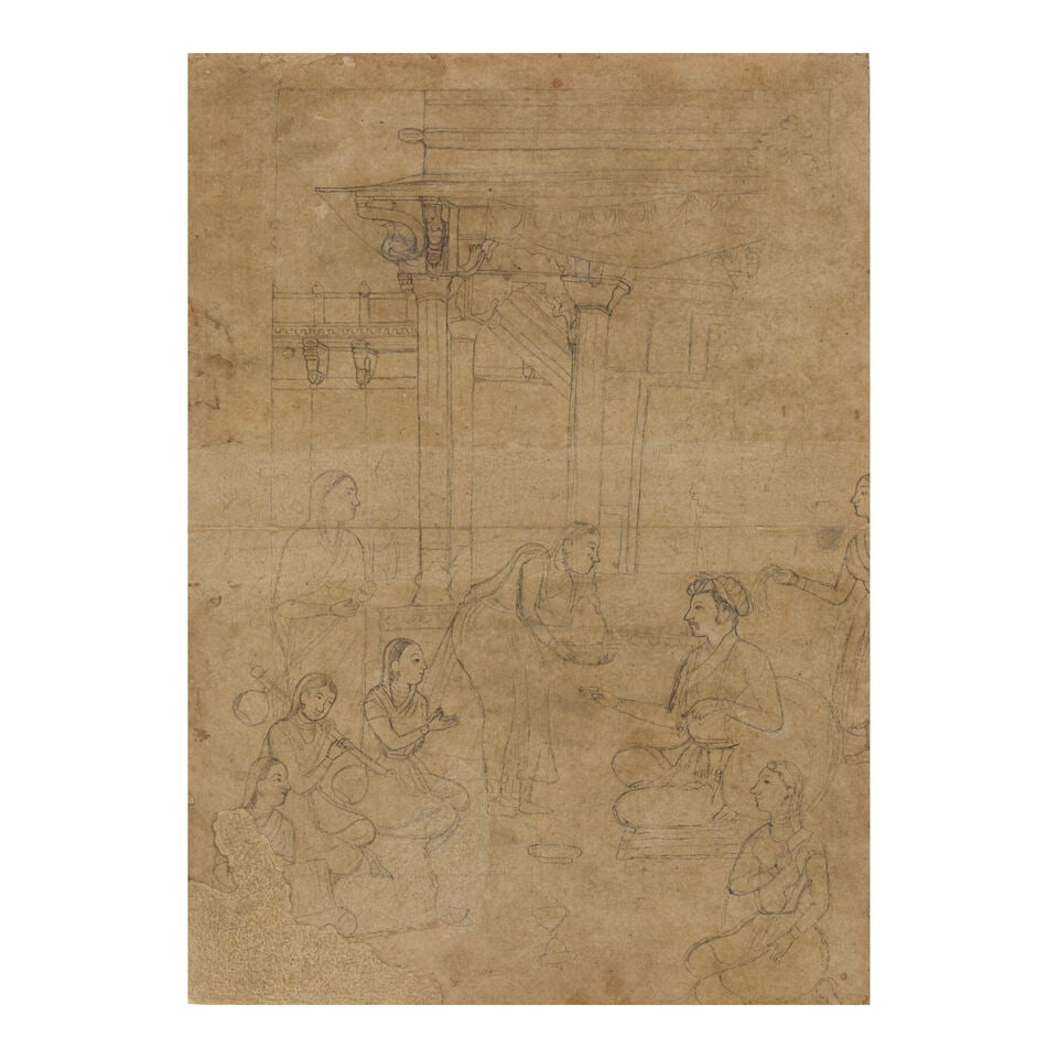 A PREPARATORY DRAWING OF JAHANGIR RECEIVING A BOWL MUGHAL, 17TH CENTURY: A PREPARATORY DRAWING OF JAHANGIR RECEIVING A BOWL MUGHAL, 17TH CENTURY Ink on paper. 10 x 7 1/8 in. (25.4 x 18.1 cm) Footnotes: Provenance Collection of Ram Gopal Vijayvargiya (per collection