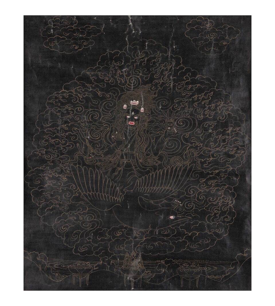 A BON THANGKA OF SIPAI GYALMO TIBET, 19TH CENTURY: A BON THANGKA OF SIPAI GYALMO TIBET, 19TH CENTURY Distemper on cloth. Himalayan Art Resources item no. 100658 Image: 14 3/4 x 12 1/8 in. (37.5 x 30.8 cm); With silks: 26 x 21 1/2 in. (66 x 54.6 cm) Fo