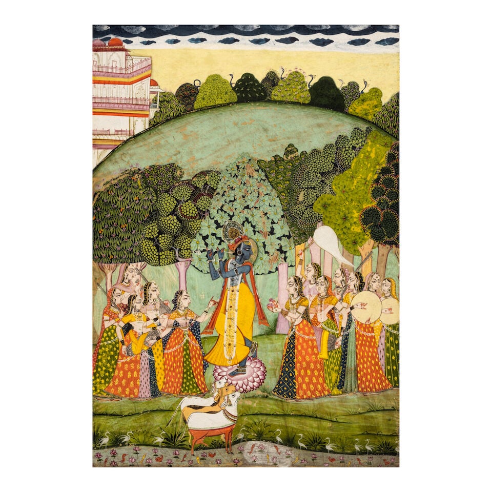 KRISHNA FLUTING WHILE SURROUNDED BY GOPIS JAIPUR, CIRCA 1800: KRISHNA FLUTING WHILE SURROUNDED BY GOPIS JAIPUR, CIRCA 1800 Opaque watercolor and gold on paper; verso with single line inscription in the top border. Image: 12 1/4 x 9 in. (31.1 x 22.9 cm) Folio: