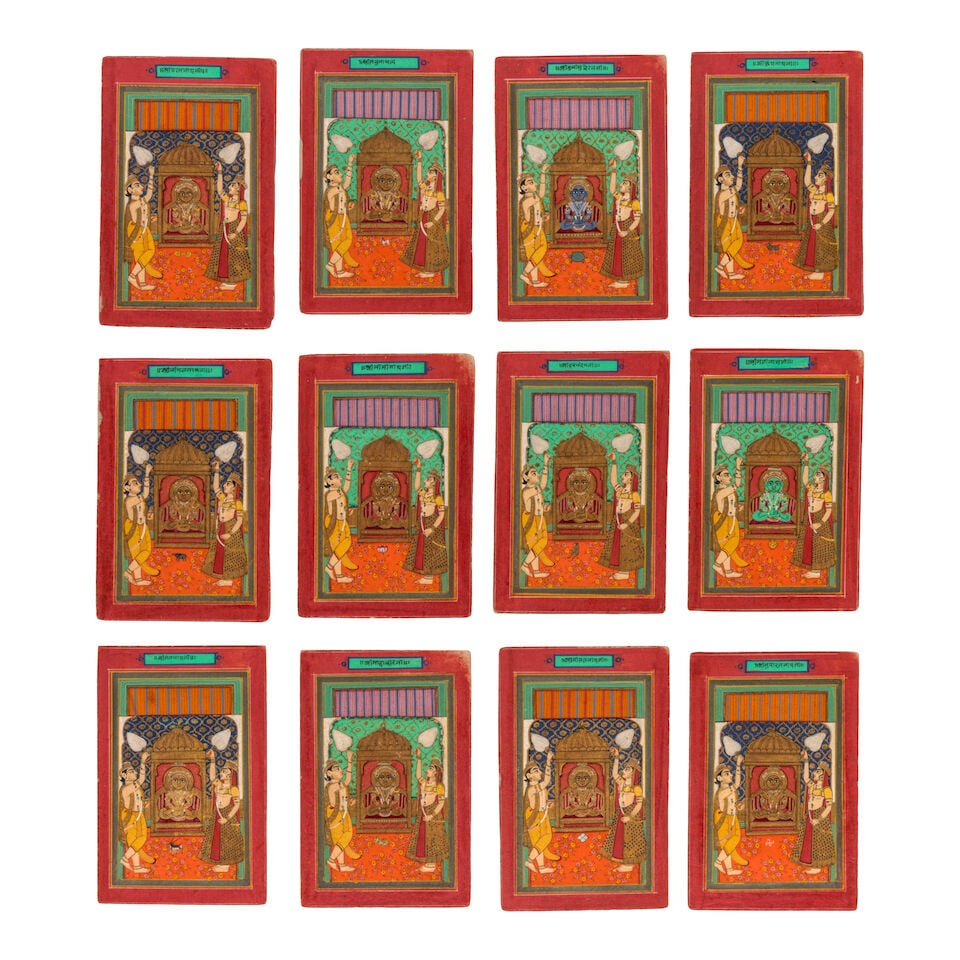 A GROUP OF TWELVE MINIATURE JAIN PAINTINGS JAIPUR, 19TH CENTURY: A GROUP OF TWELVE MINIATURE JAIN PAINTINGS JAIPUR, 19TH CENTURY Opaque watercolor and gold on paper. Depicting twelve of the twenty-four Jain Tirthankaras, each identified by inscription in the top