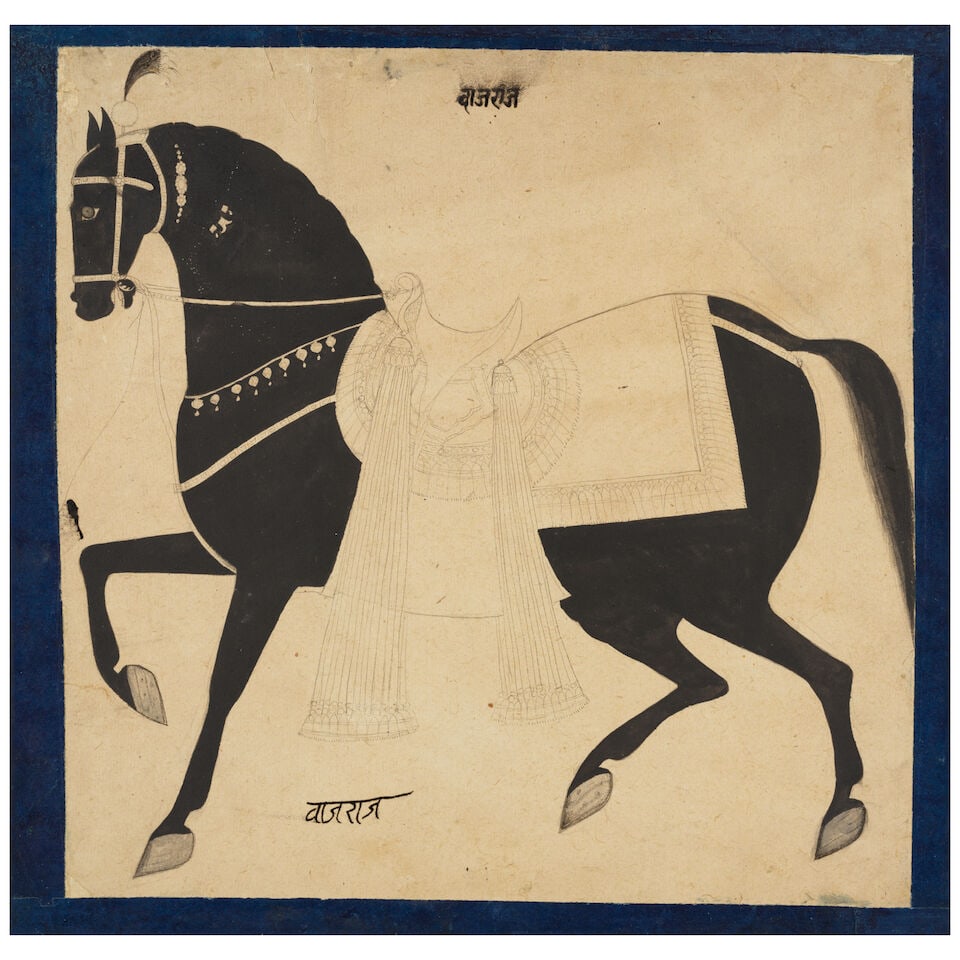 A PORTRAIT OF A STALLION RAJASTHAN, 18TH CENTURY: A PORTRAIT OF A STALLION RAJASTHAN, 18TH CENTURY Recto inscribed twice with the stallion's name 'Vājarāja'. Image: 11 5/8 x 11 5/8 in. (29.5 x 29.5 cm); Folio: 12 5/8 x 13 in. (32 x 33