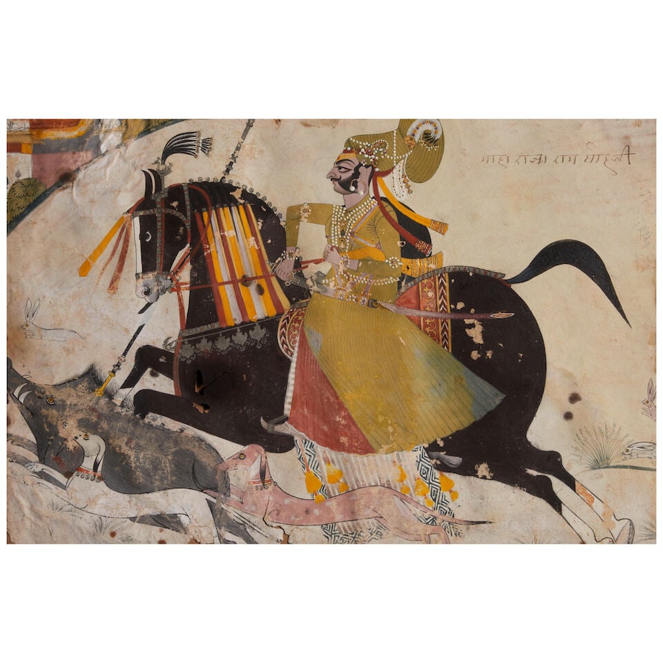 MAHARAJA RAM SINGH HUNTING ON HORSEBACK JODHPUR, CIRCA 1820-30: MAHARAJA RAM SINGH HUNTING ON HORSEBACK JODHPUR, CIRCA 1820-30 Opaque watercolor and gold on paper, with paper backing; recto with an inscription identifying the subject: Maharaja Ram Singhji 8 1/2