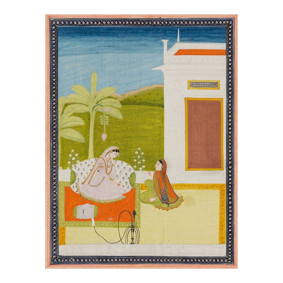 LOVELORN RADHA WITH HER SAKHI KANGRA, MID 19TH CENUTRY: LOVELORN RADHA WITH HER SAKHI KANGRA, MID 19TH CENUTRY Opaque watercolor and gold on paper. Image: 9 1/8 x 6 3/4 in. (23.2 x 17.2 cm); Folio: 11 3/4 x 9 1/4 in. (29.8 x 23.5