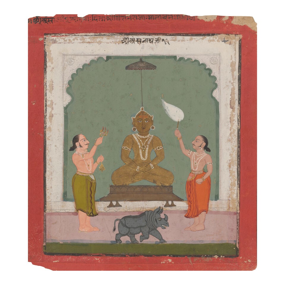 WORSHIP OF JINA SHREYANSANATHA MEWAR, 18TH CENTURY: WORSHIP OF JINA SHREYANSANATHA MEWAR, 18TH CENTURY Ink and opaque watercolor on paper, red border with black margin rules, nagari inscription identifying the subject in the white above and a