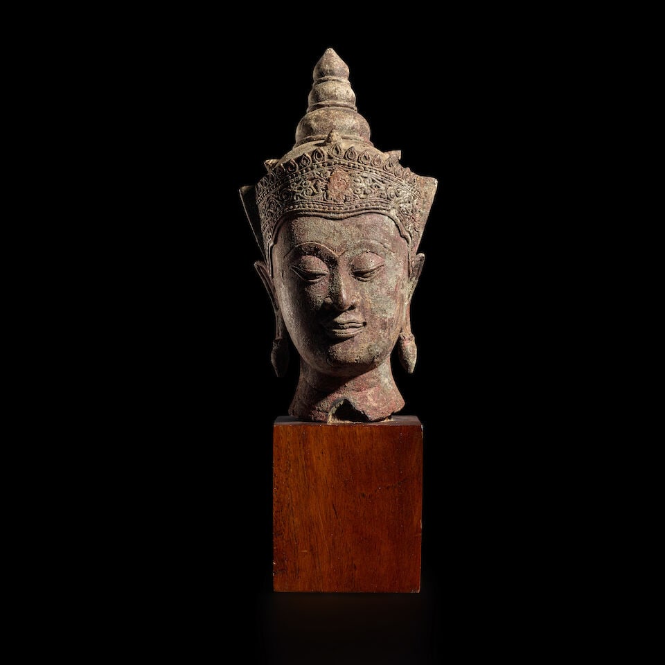 A COPPER ALLOY HEAD OF CROWNED BUDDHA THAILAND, AYUTTHAYA PERIOD, 17TH CENTURY (1 of 2)