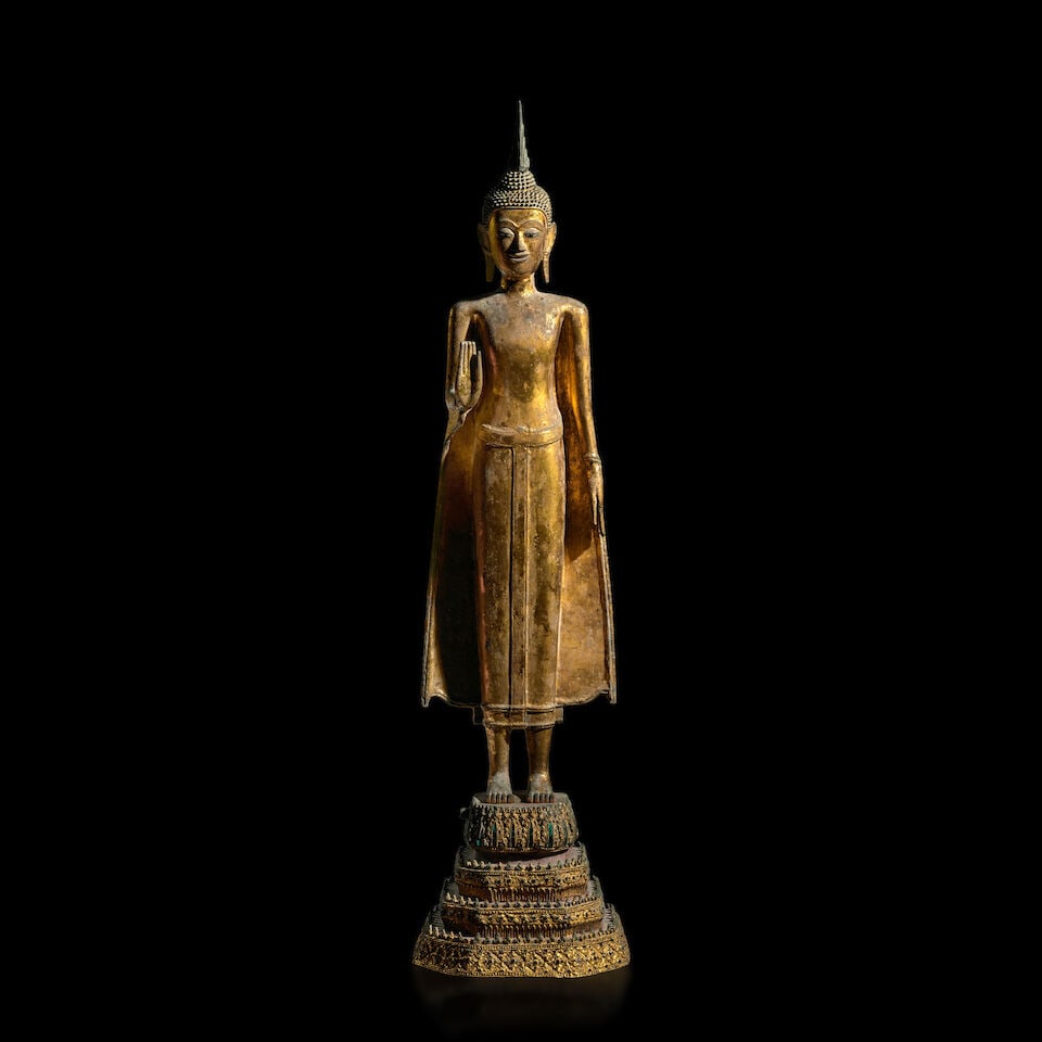 A GILT LACQUERED COPPER ALLOY FIGURE OF BUDDHA THAILAND, RATTANAKOSIN PERIOD, 19TH CENTURY (1 of 3)