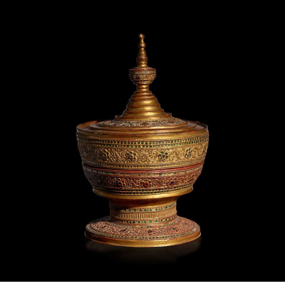 A GILT-LACQUER WOOD TEMPLE OFFERING BOWL AND COVER (HSUN OK) BURMA, 20TH CENTURY: A GILT-LACQUER WOOD TEMPLE OFFERING BOWL AND COVER (HSUN OK) BURMA, 20TH CENTURY 17 in. (43.2 cm) high Footnotes: Provenance Private Connecticut Collection since 2015 For a closely related hsun ok