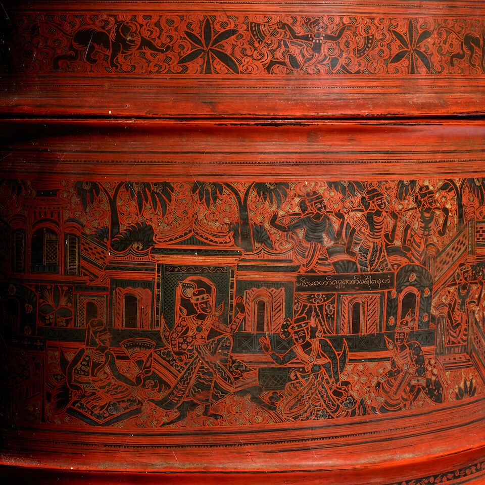 A RED LACQUER BETEL BOX WITH SCENES FROM THE MAHOSADHA JATAKA BURMA, EARLY 20TH CENTURY - 2