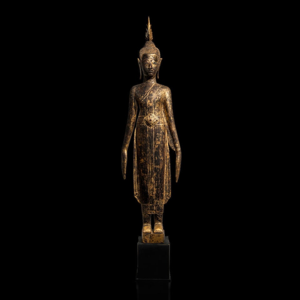 A GILT LACQUER WOOD FIGURE OF BUDDHA THAILAND OR LAOS, 19TH/EARLY 20TH CENTURY: A GILT LACQUER WOOD FIGURE OF BUDDHA THAILAND OR LAOS, 19TH/EARLY 20TH CENTURY 61 in. (154.9 cm) hig, excluding tang Footnotes: 泰國或老撾 十八世紀