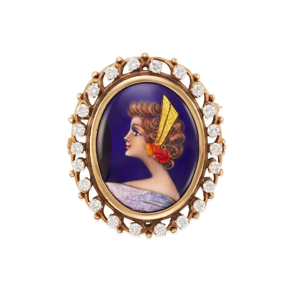 12K GOLD, DIAMOND AND GLASS ENAMEL BROOCH: 12K GOLD, DIAMOND AND GLASS ENAMEL BROOCH • 12k yellow gold • Numerous round diamonds weighing approximately 2.55 - 2.65 carats total • Glass enamel and foil • Marked