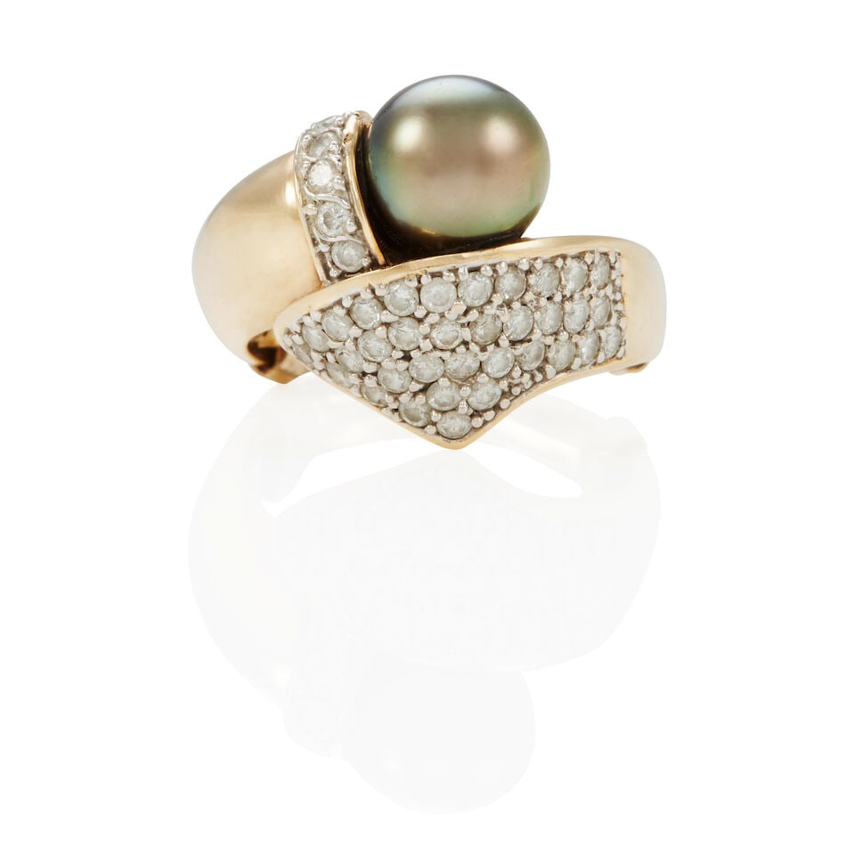 14K GOLD, DIAMOND AND CULTURED PEARL RING (1 of 2)