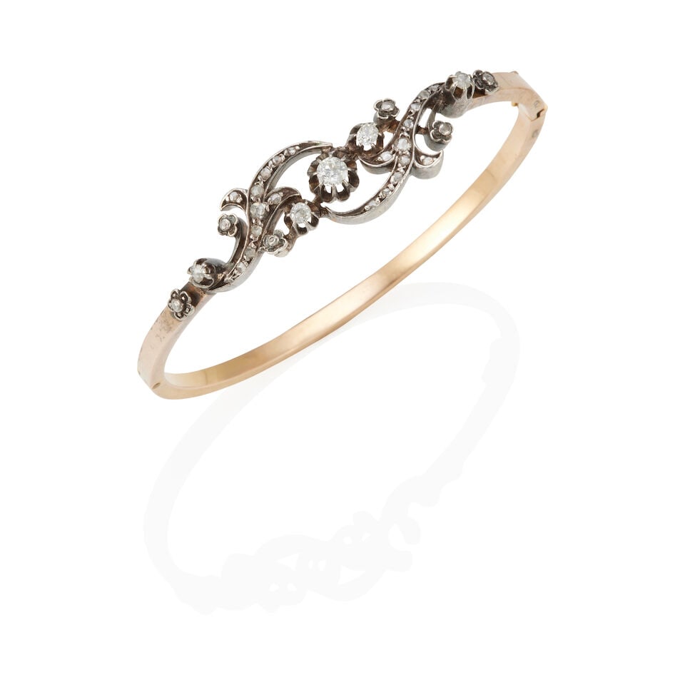 ANTIQUE GOLD, SILVER AND DIAMOND BRACELET: ANTIQUE GOLD, SILVER AND DIAMOND BRACELET • 18k yellow gold, Silver • Numerous rose-cut diamonds • 3 old mine/European-cut diamonds weighing approximately 0.25 - 0.35 carat total 