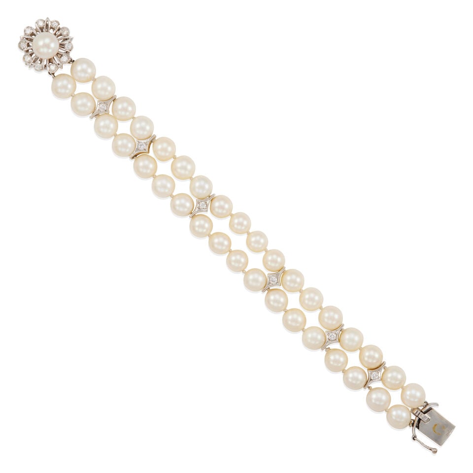 14K GOLD, CULTURED PEARL AND DIAMOND BRACELET (1 of 2)
