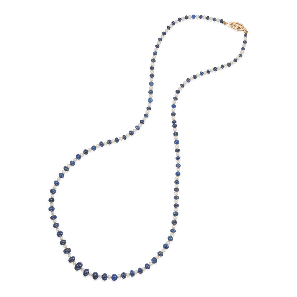14K GOLD, SAPPHIRE AND CULTURED PEARL BEAD STRAND NECKLACE (1 of 2)