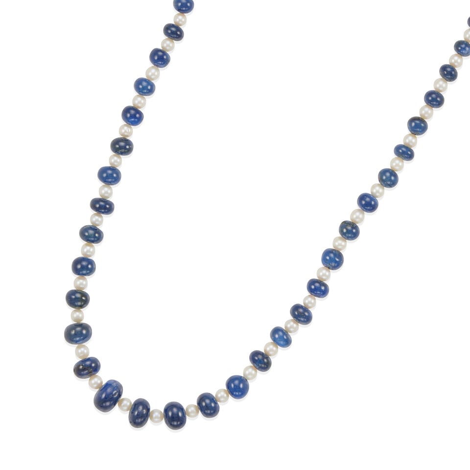 14K GOLD, SAPPHIRE AND CULTURED PEARL BEAD STRAND NECKLACE - 2