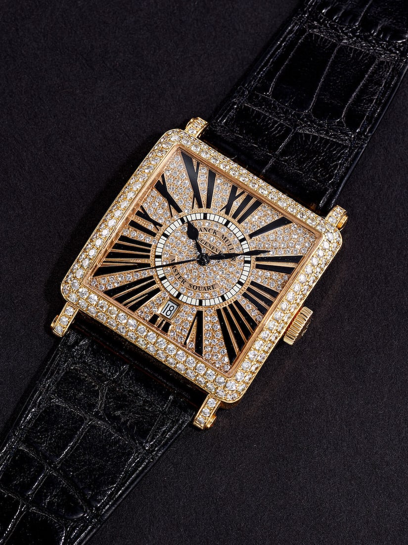 FRANCK MULLER | MASTER SQUARE, REF.6000 H SC DT D CD, A PINK GOLD AND DIAMOND-SET WRISTWATCH WIT...: FRANCK MULLER | MASTER SQUARE, REF.6000 H SC DT D CD, A PINK GOLD AND DIAMOND-SET WRISTWATCH WITH DATE, CIRCA 2000 Case No: 29 Calibre: FM 800, automatic, signed Dial: Pavé diamond-set, signed