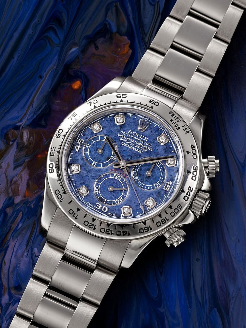ROLEX | COSMOGRAPH DAYTONA, REF.116509, A WHITE GOLD CHRONOGRAPH BRACELET WATCH WITH SODALITE DI...: ROLEX | COSMOGRAPH DAYTONA, REF.116509, A WHITE GOLD CHRONOGRAPH BRACELET WATCH WITH SODALITE DIAL AND DIAMOND-SET INDEXES, CIRCA 2011 Calibre: 4130, automatic, signed Dial: Blue sodalite and