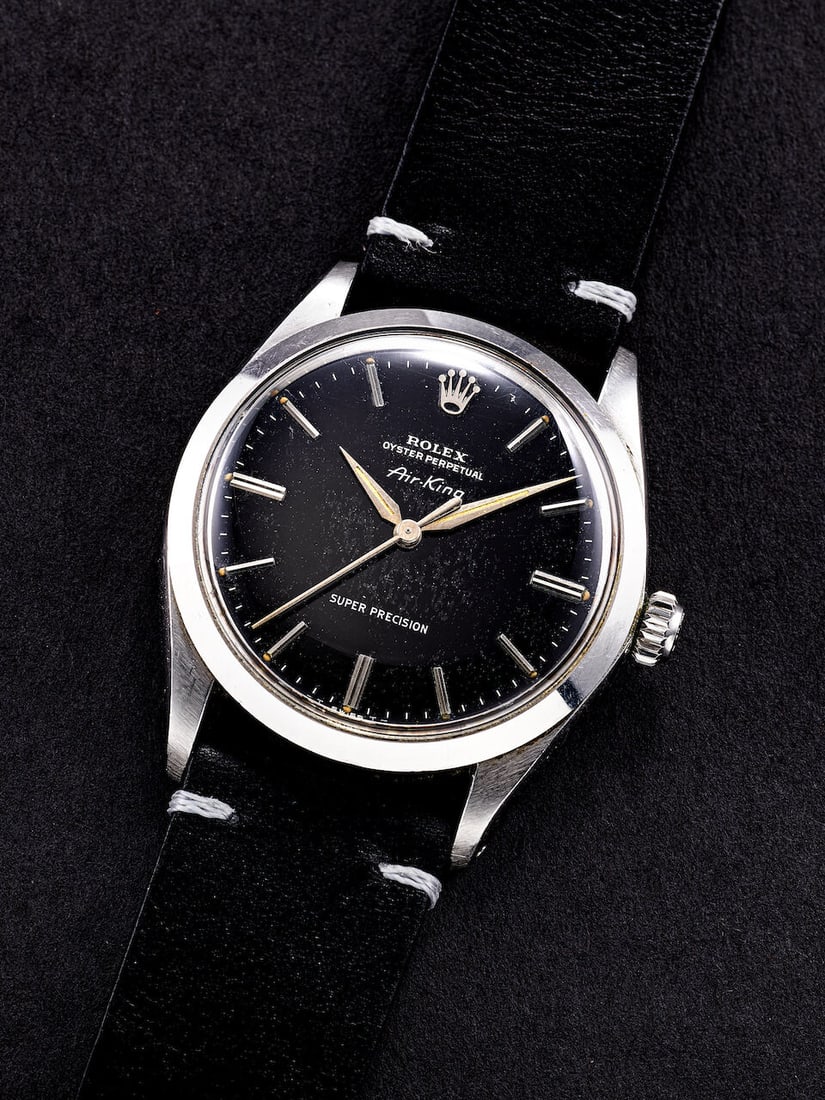 [NO RESERVE] ROLEX | AIR-KING, REF.5500, A STAINLESS STEEL WRISTWATCH AND BLACK GILT DIAL, CIRCA...: [NO RESERVE] ROLEX | AIR-KING, REF.5500, A STAINLESS STEEL WRISTWATCH AND BLACK GILT DIAL, CIRCA 1965 Case No: 1118856 Calibre: 1530, automatic, signed Dial: Black, gilt fonts, signed Case: 34mm,