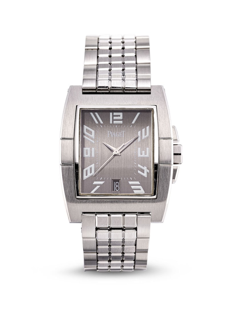 PIAGET | UPSTREAM, REF.27050, A STAINLESS STEEL BRACELET WATCH WITH DATE, CIRCA 2000: PIAGET | UPSTREAM, REF.27050, A STAINLESS STEEL BRACELET WATCH WITH DATE, CIRCA 2000 Case No: 882539 Calibre: 504P, automatic, signed Dial: Silvered grey, signed Case: 33 x 40mm (including lugs),