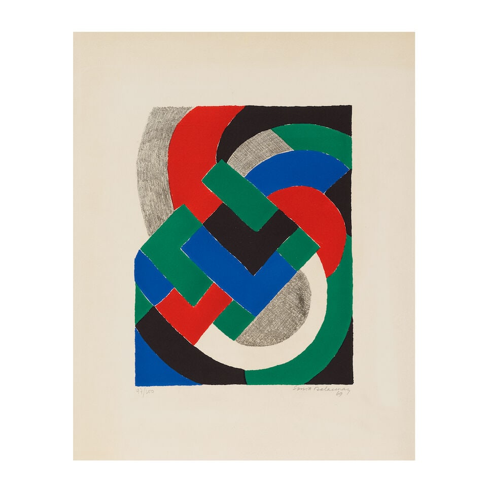 SONIA DELAUNAY (1885-1979) Composition pour XXème Siècle, 1969 Epreuve à grandes ...: SONIA DELAUNAY (1885-1979) Composition pour XXème Siècle, 1969 Epreuve à grandes marges de la lithographie figurant dans l'ouvrage Lithographie en couleurs sur vélin Signée, d