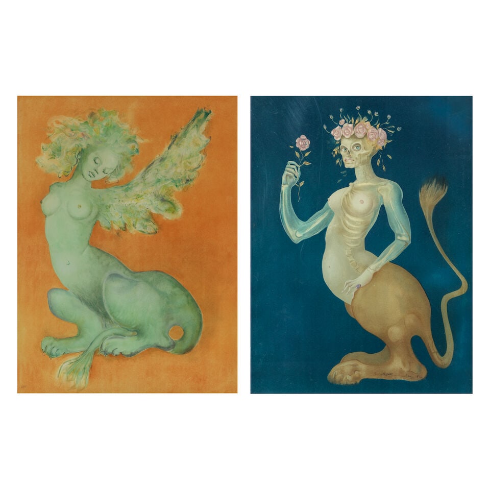 LEONOR FINI (1907-1996) Ensemble de deux lithographies, 1974/75 Sphinx, 1975Lithographie en coul...: LEONOR FINI (1907-1996) Ensemble de deux lithographies, 1974/75 Sphinx, 1975 Lithographie en couleur sur papier vélin Numérotée 87/95 69 x 52 cm 90 x 71,5 cm (avec le cadre) La Belle,