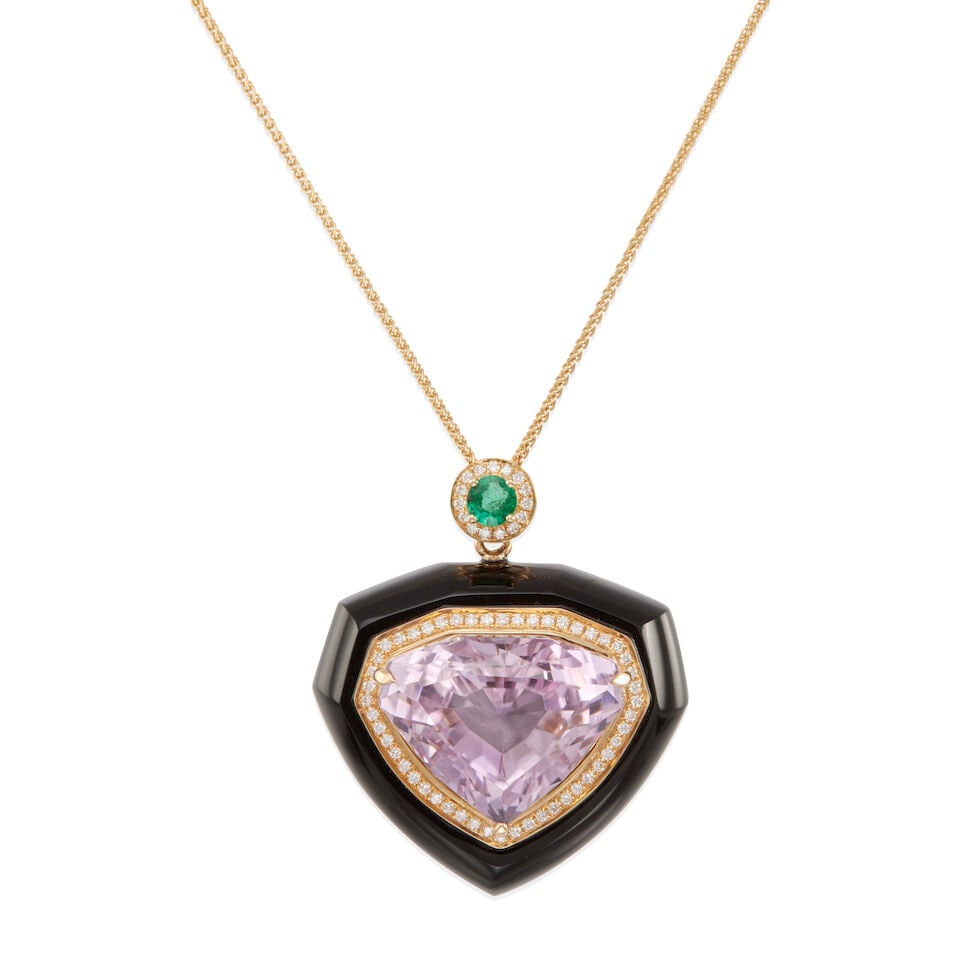 FEI LUI: GOLD, DIAMOND, AND GEM-SET PENDANT NECKLACE: FEI LUI: GOLD, DIAMOND, AND GEM-SET PENDANT NECKLACE • 14k yellow gold pendant, 18k yellow gold chain • 1 diamond profile shape kunzite weighing approximately 14.20 - 14.25 carats