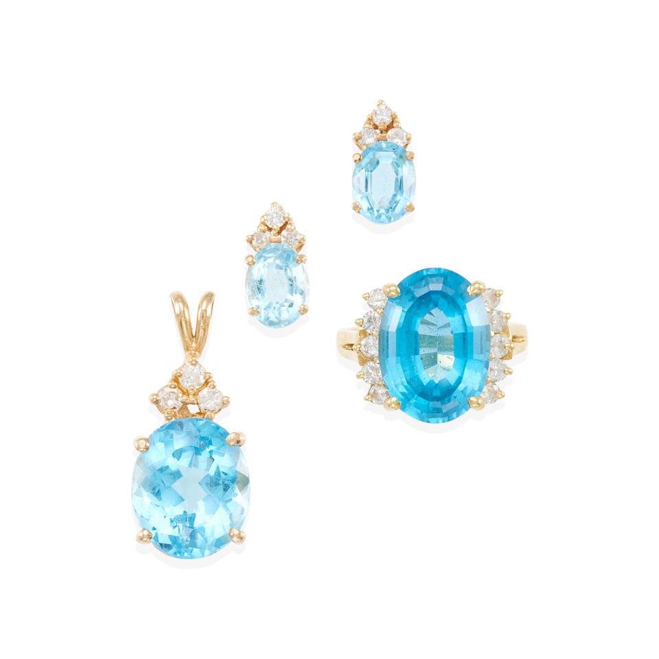 14K GOLD, TOPAZ AND DIAMOND SUITE: 14K GOLD, TOPAZ AND DIAMOND SUITE • One ring of 14k yellow gold with 10 round diamonds weighing approximately 0.15 - 0.25 carat total and one oval topaz weighing approximately 8.70 - 8.80 carat